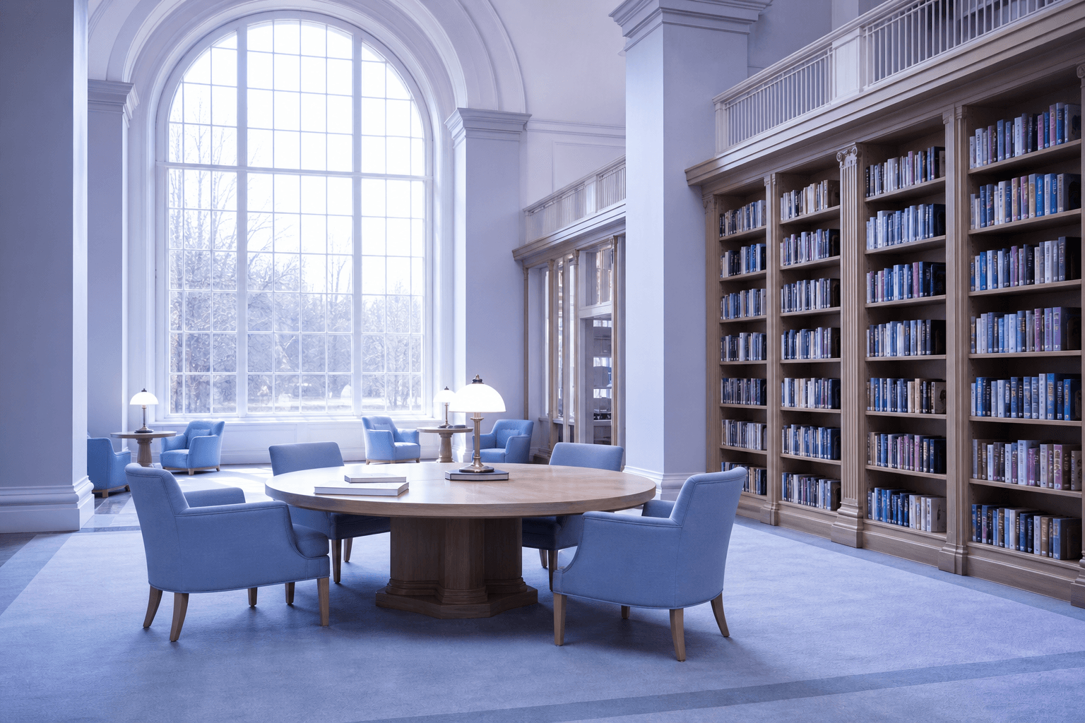 Bright reading hall with bookshelves and arched windows at yeSen Library